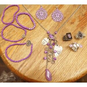 Purple Jewelry Lot 9 Pc Heart Charm Y Necklace Filigree Earrings Stretch Rings